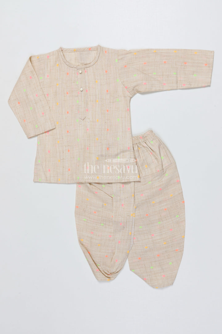 The Nesavu Boys Kurtha Set Boys Digital Print Kurta Set for Traditional School Events Nesavu 12 (3M) / Beige BES938A-12 Nesavu boys printed cotton kurta set ethnic school events traditional celebrations