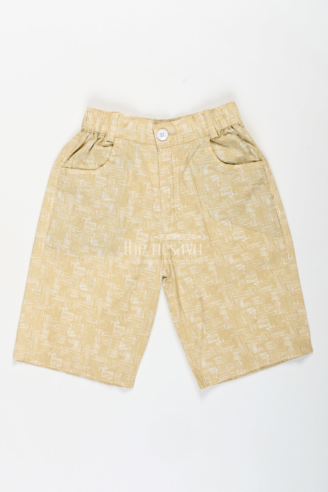 The Nesavu Boys Shorts Boys Digital Printed Shorts in Muted Yellow with Soft Cotton Blend and Casual Comfort Fit Nesavu 26 (6Y) / Yellow BWS020AB-26 Nesavu Boys Yellow Digital Printed Cotton Blend Shorts Easy Fit Stylish Look