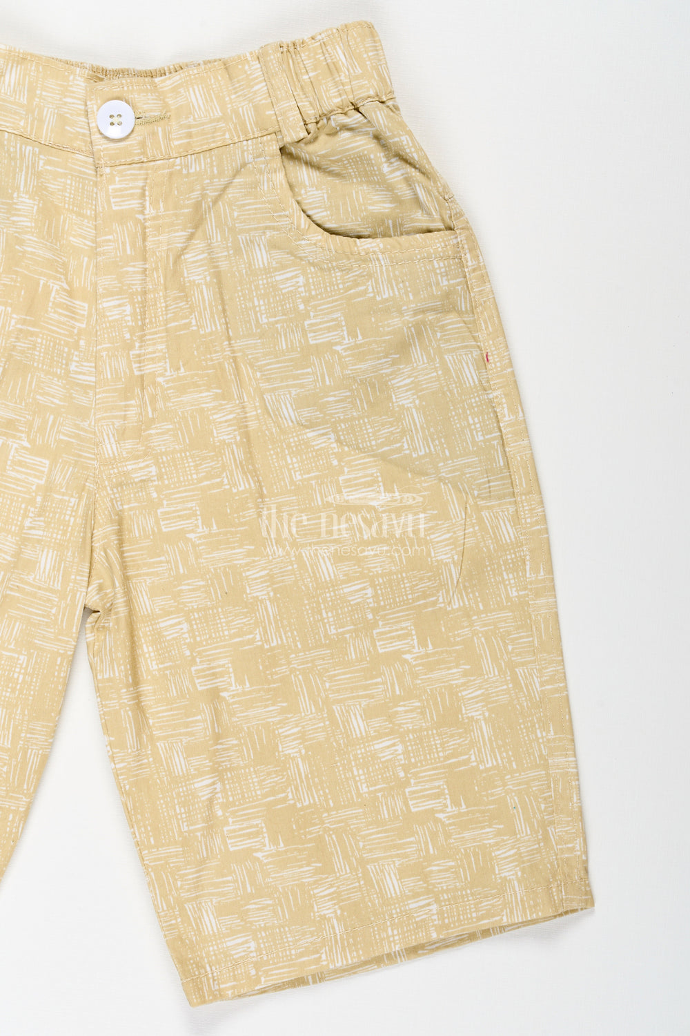 The Nesavu Boys Shorts Boys Digital Printed Shorts in Muted Yellow with Soft Cotton Blend and Casual Comfort Fit Nesavu Nesavu Boys Yellow Digital Printed Cotton Blend Shorts Easy Fit Stylish Look
