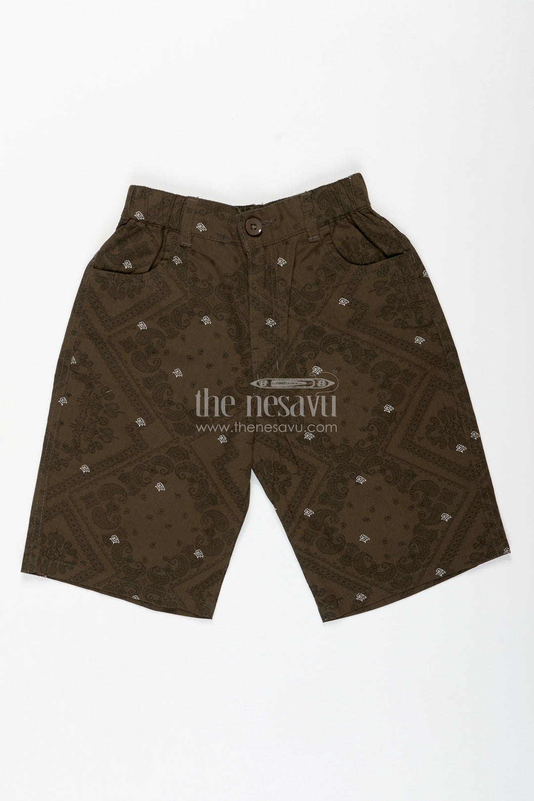 The Nesavu Boys Shorts Boys Digital Printed Shorts in Olive Green with Cotton Blend Comfort and Easy Everyday Style Nesavu 26 (6Y) / Green BWS021AB-26 Nesavu Olive Green Digital Printed Cotton Blend Boys Shorts Comfortable Waistband