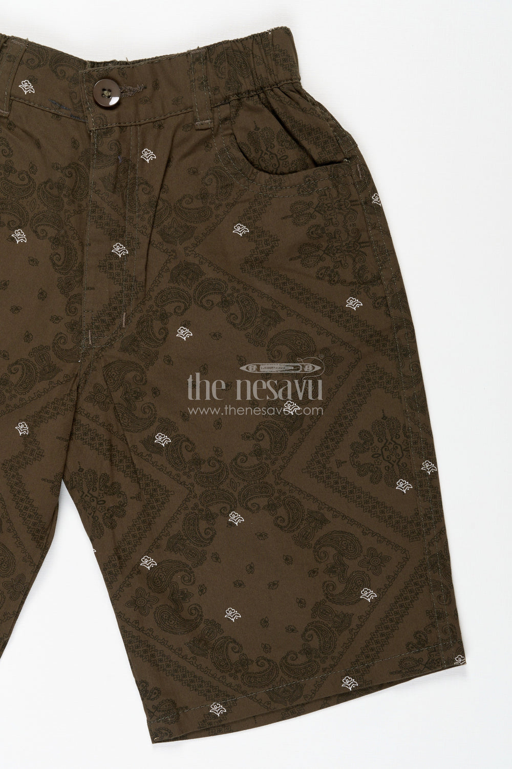 The Nesavu Boys Shorts Boys Digital Printed Shorts in Olive Green with Cotton Blend Comfort and Easy Everyday Style Nesavu Nesavu Olive Green Digital Printed Cotton Blend Boys Shorts Comfortable Waistband