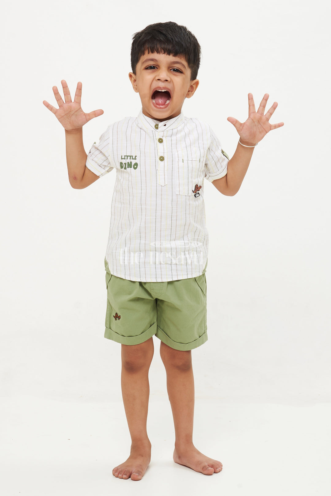 The Nesavu Boys Casual Set Boys' Dino Striped Shirt & Shorts Set - Green/White Nesavu 16 (1Y) / Green BCS081A-16 Boys' Dino Striped Shirt & Shorts Set - Green/White - Sizes 1Y-5Y