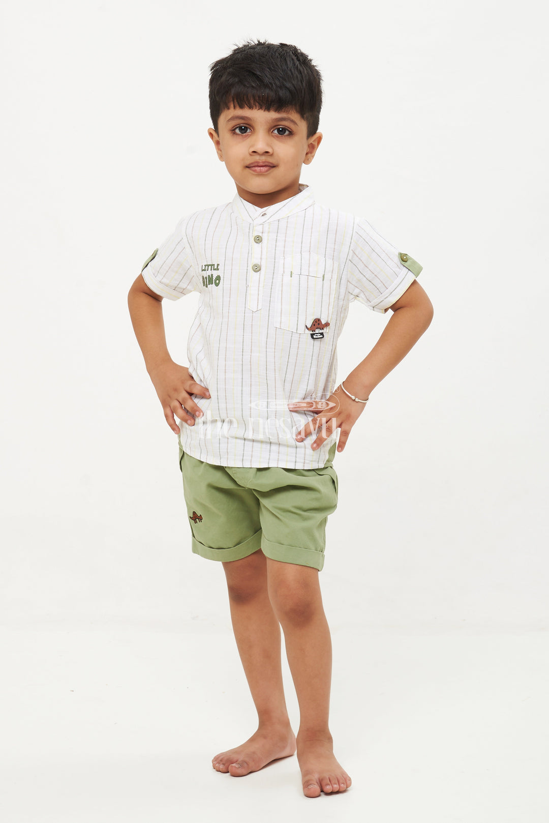 The Nesavu Boys Casual Set Boys' Dino Striped Shirt & Shorts Set - Green/White Nesavu Boys' Dino Striped Shirt & Shorts Set - Green/White - Sizes 1Y-5Y