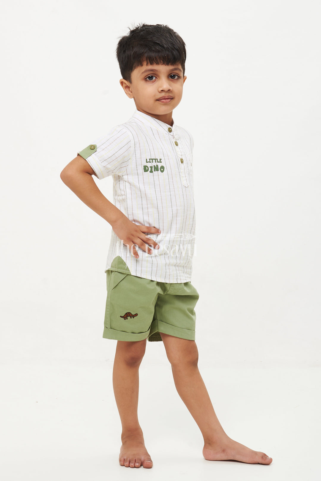 The Nesavu Boys Casual Set Boys' Dino Striped Shirt & Shorts Set - Green/White Nesavu Boys' Dino Striped Shirt & Shorts Set - Green/White - Sizes 1Y-5Y