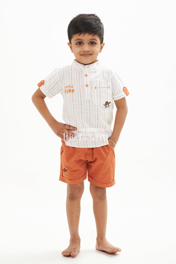 The Nesavu Boys Casual Set Boys' Dino Striped Shirt & Shorts Set - Orange/White Nesavu 16 (1Y) / Orange BCS081B-16 Boys' Dino Striped Shirt & Shorts Set - Orange/White - Sizes 1Y-5Y