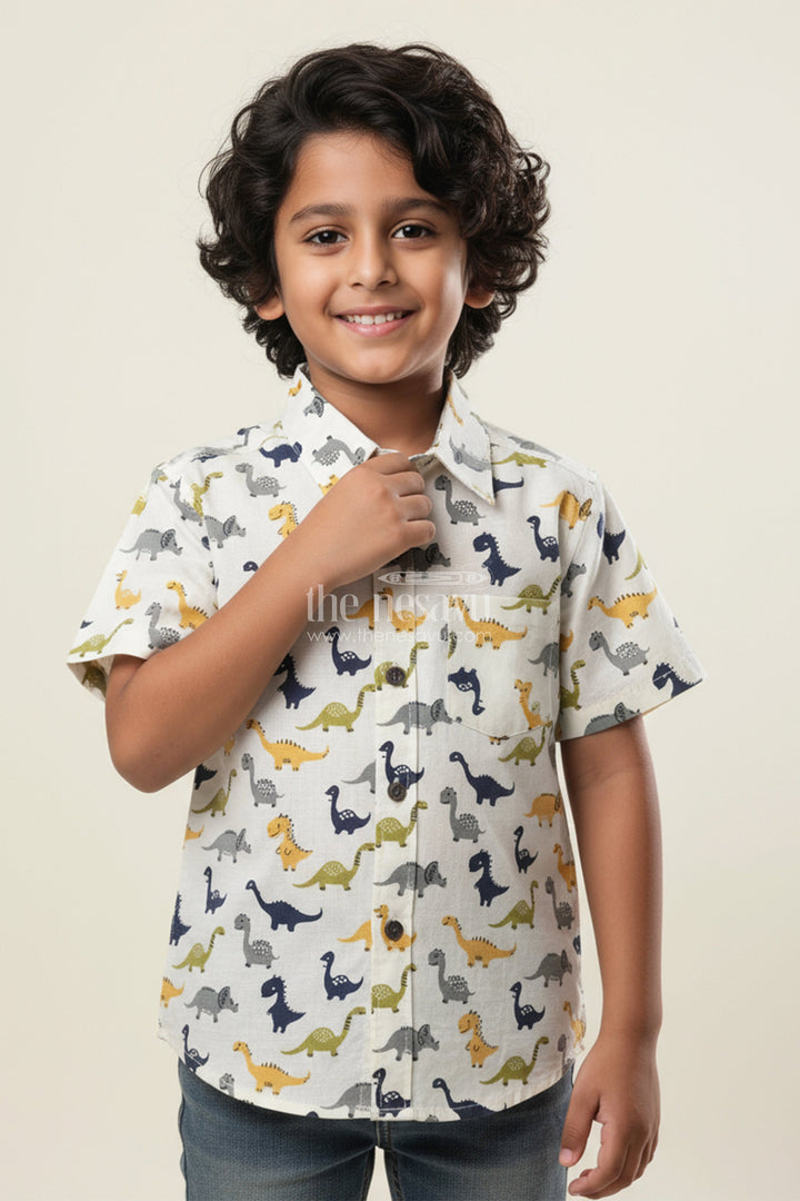 The Nesavu Boys Cotton Shirt Boys Dinosaur Print Cotton Shirt for Birthdays and Weekend Wear Nesavu 20 (3Y) / Multicolor BS318A-20 Nesavu boys dinosaur print cotton shirt  playful breathable casual wear outings