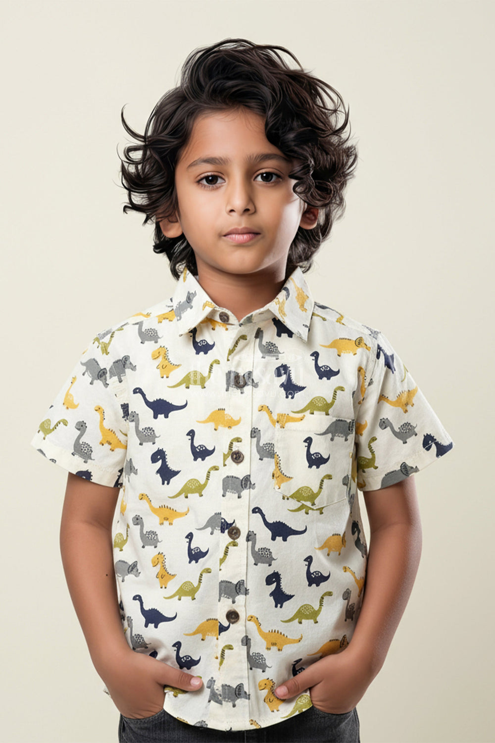 The Nesavu Boys Cotton Shirt Boys Dinosaur Print Cotton Shirt for Birthdays and Weekend Wear Nesavu Nesavu boys dinosaur print cotton shirt  playful breathable casual wear outings