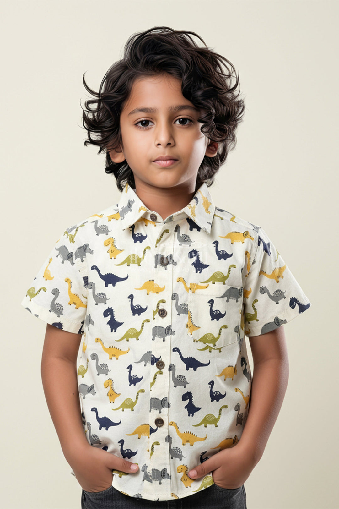 The Nesavu Boys Cotton Shirt Boys Dinosaur Print Cotton Shirt for Birthdays and Weekend Wear Nesavu Nesavu boys dinosaur print cotton shirt  playful breathable casual wear outings