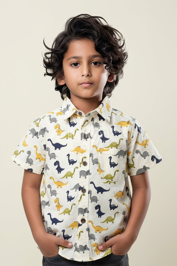 The Nesavu Boys Cotton Shirt Boys Dinosaur Print Cotton Shirt for Birthdays and Weekend Wear Nesavu Nesavu boys dinosaur print cotton shirt  playful breathable casual wear outings