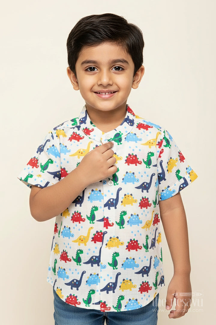 The Nesavu Boys Cotton Shirt Boys Dinosaur Print Cotton Shirt for Playful Dressing and Casual Outings Nesavu 16 (1Y) / Multicolor BS337A-16 Nesavu boys dinosaur print muslin shirt birthdays outings everyday playful dressing