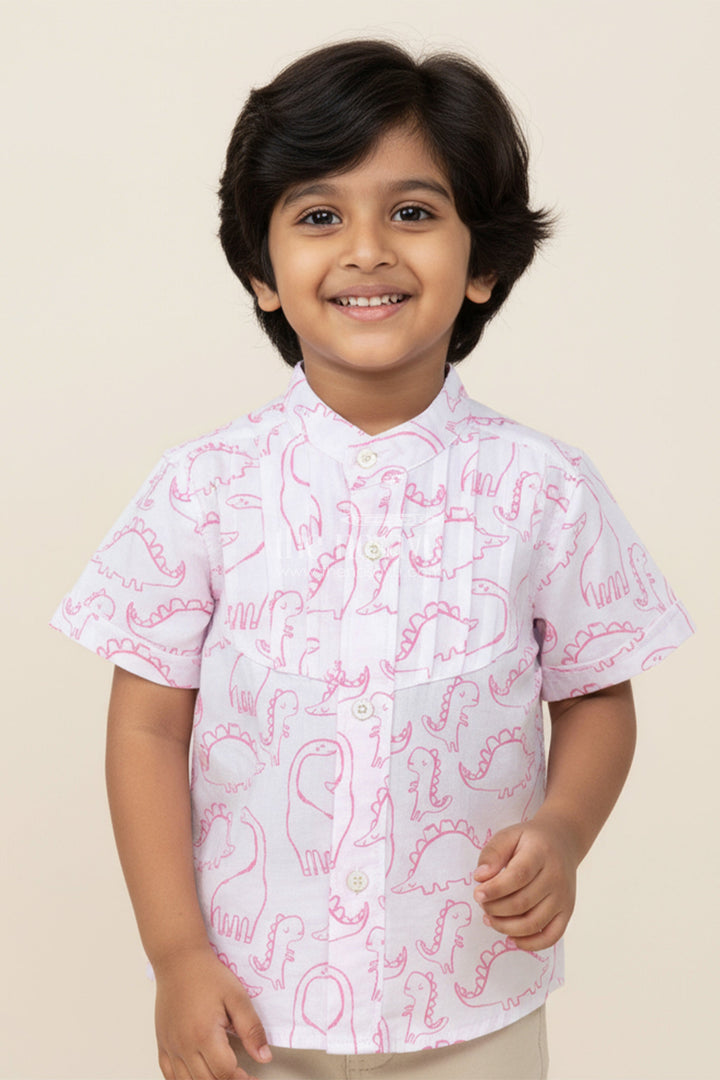 The Nesavu Boys Cotton Shirt Boys Dinosaur Print Muslin Shirt for School and Everyday Fun Nesavu 16 (1Y) / Pink BS335B-16 Nesavu boys muslin cotton shirt dinosaur print everyday play school casual dressing