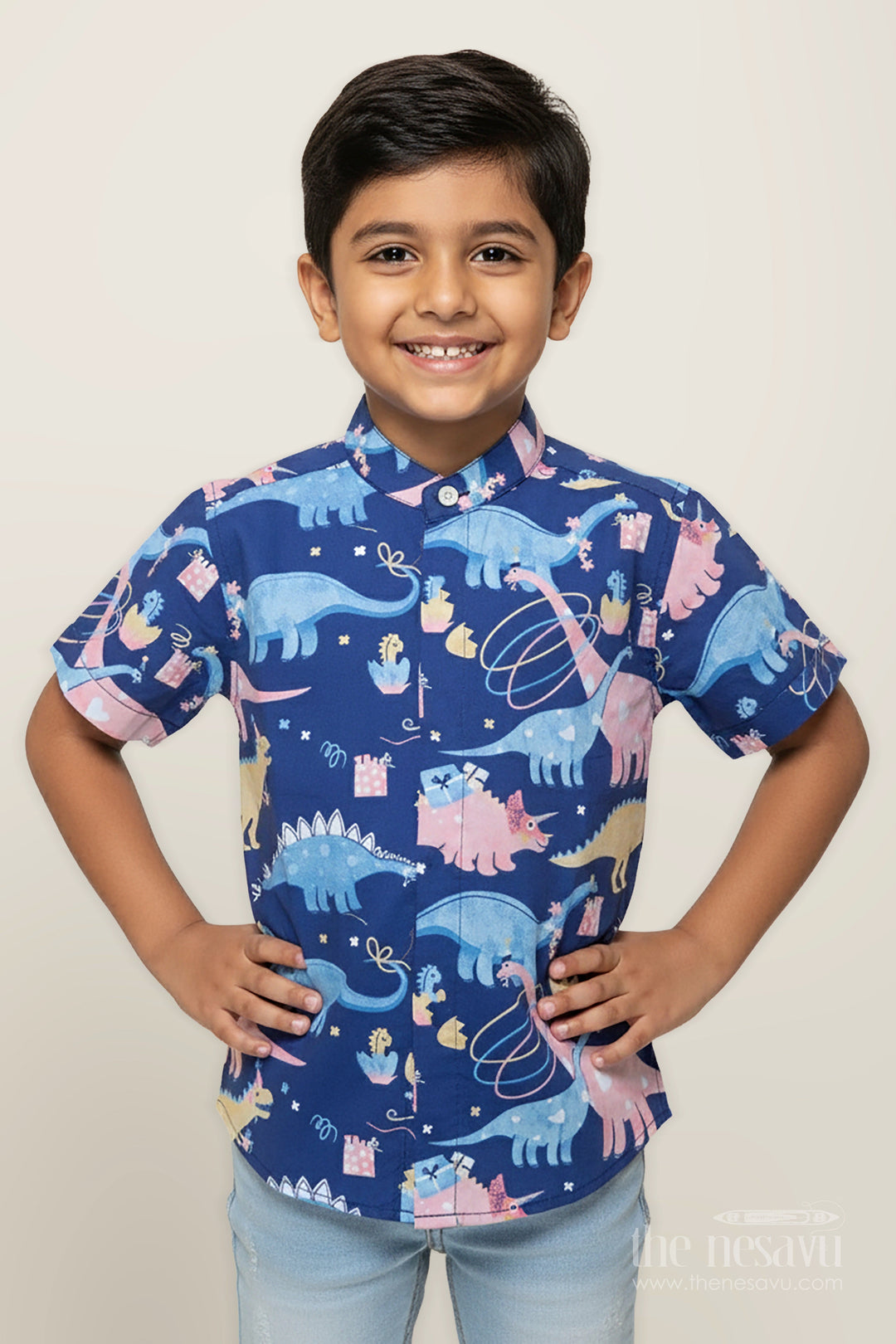 The Nesavu Boys Cotton Shirt Boys Dinosaur Print Shirt for Birthday Parties and Casual Wear Nesavu 16 (1Y) / Blue BS339A-16 Nesavu boys cotton shirt dinosaur print birthdays playdates everyday wear