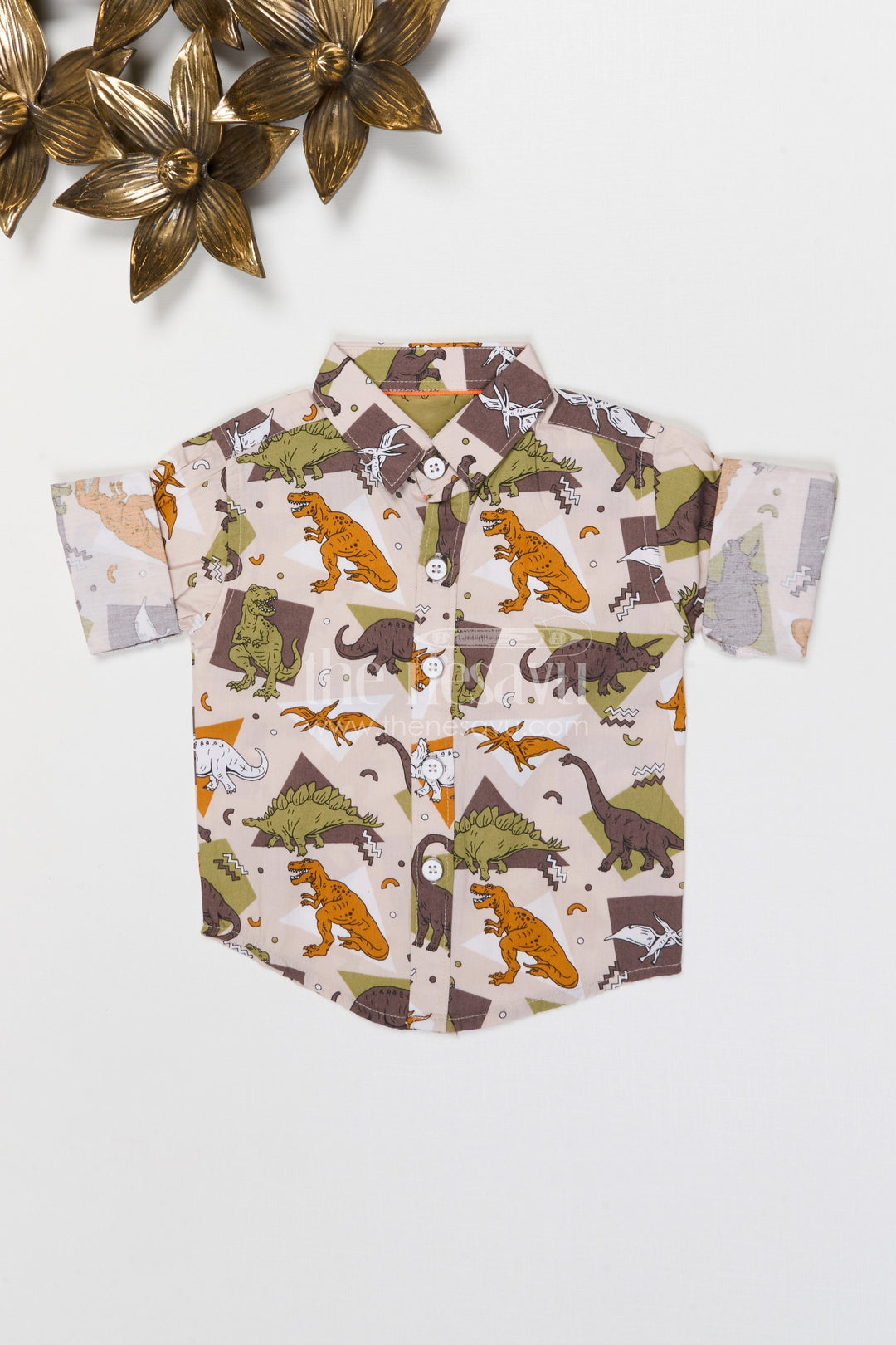 The Nesavu Boys Cotton Shirt Boys Dinosaur Print Type Cotton Shirt for Casual Outings and Playtime Nesavu 14 (6M) / Green / Cotton BS430A-14 Nesavu boys cotton dinosaur print shirt playful casual outfit for kids everyday wear