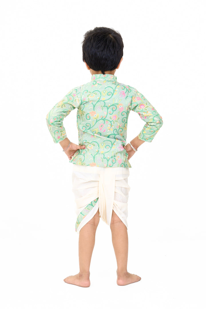 The Nesavu Boys Dothi Set Boys Dothi Set in Green Blend Silk with Floral Embroidered Shirt and Cream Dothi for Traditional Events Nesavu Nesavu Boys Green Blend Silk Dothi Set Floral Embroidered Shirt Traditional Events Ceremonies