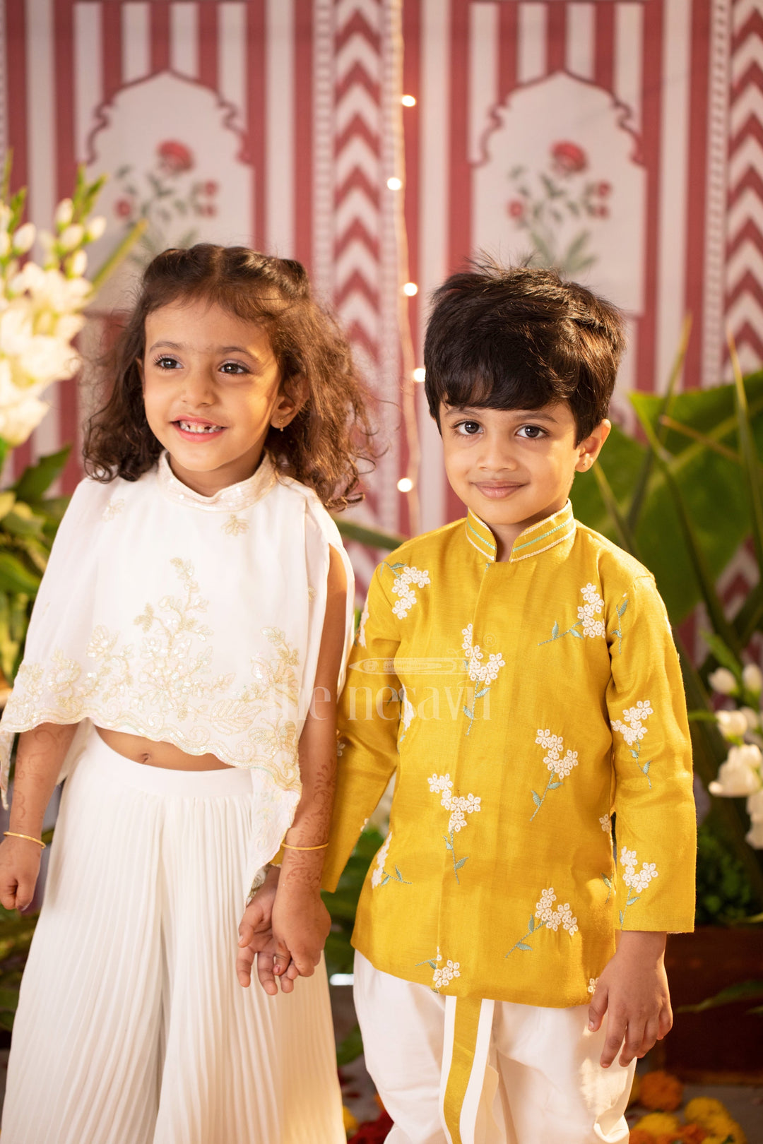 The Nesavu Boys Dothi Set Boys Dothi Set in Mustard Tissue with Floral Kurta and Cream Dothi for Festive Gatherings Nesavu Nesavu Boys Mustard Tissue Dothi Set Embroidered Floral Kurta Weddings Festivals