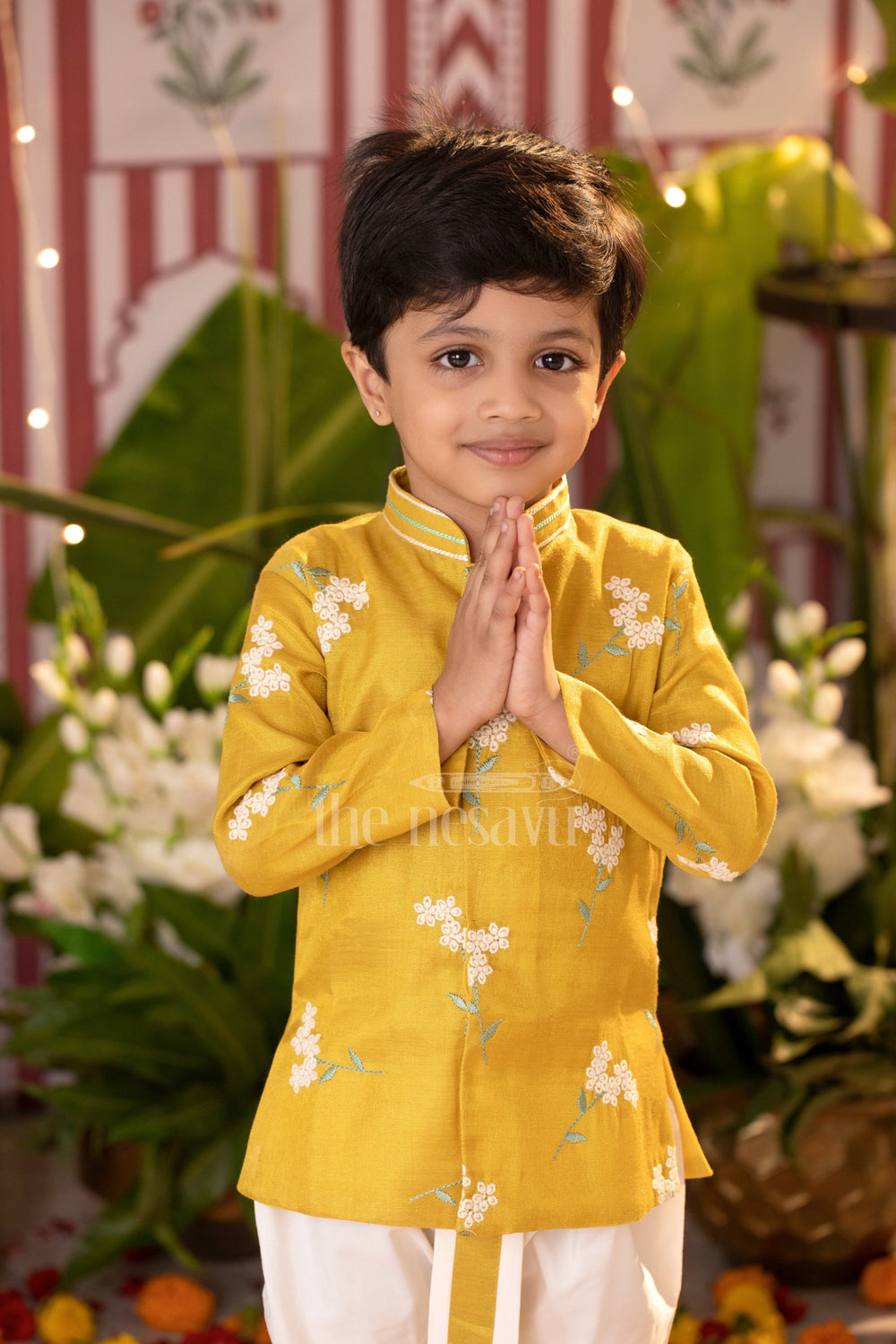 The Nesavu Boys Dothi Set Boys Dothi Set in Mustard Tissue with Floral Kurta and Cream Dothi for Festive Gatherings Nesavu Nesavu Boys Mustard Tissue Dothi Set Embroidered Floral Kurta Weddings Festivals