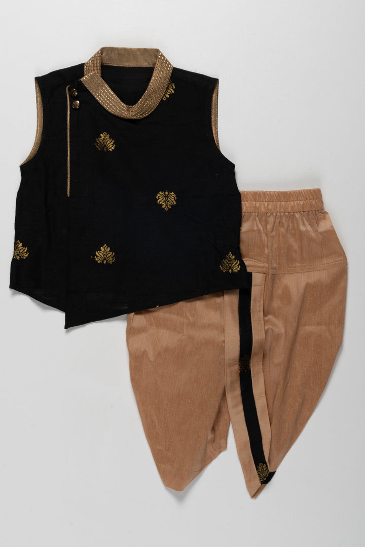 The Nesavu Boys Dothi Set Boys Dothi Set in Silk Blend with Black Sleeveless Kurta and Gold Embroidery Accents for Traditional Charm Nesavu 12 (3M) / Black BES477A-12 Boys Silk Blend Dothi Set Black Sleeveless Kurta Gold Embroidery Traditional Look | The Nesavu