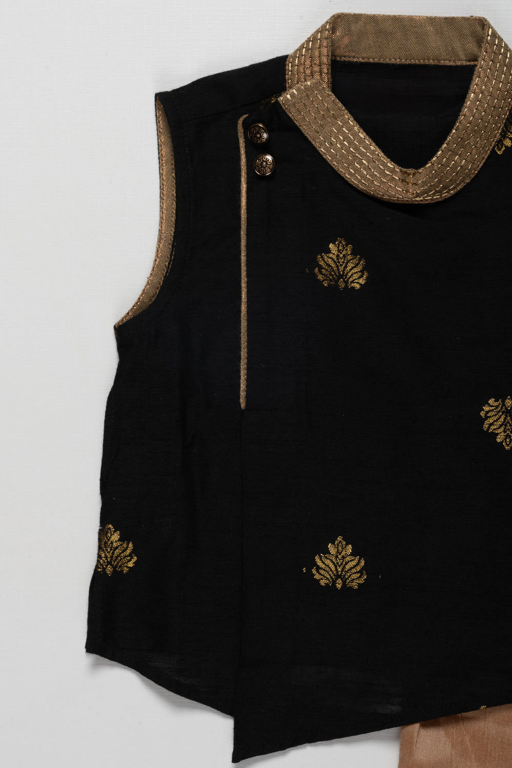 The Nesavu Boys Dothi Set Boys Dothi Set in Silk Blend with Black Sleeveless Kurta and Gold Embroidery Accents for Traditional Charm Nesavu Boys Silk Blend Dothi Set Black Sleeveless Kurta Gold Embroidery Traditional Look | The Nesavu