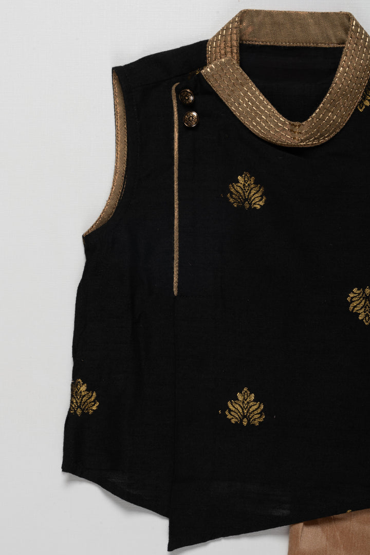 The Nesavu Boys Dothi Set Boys Dothi Set in Silk Blend with Black Sleeveless Kurta and Gold Embroidery Accents for Traditional Charm Nesavu Boys Silk Blend Dothi Set Black Sleeveless Kurta Gold Embroidery Traditional Look | The Nesavu