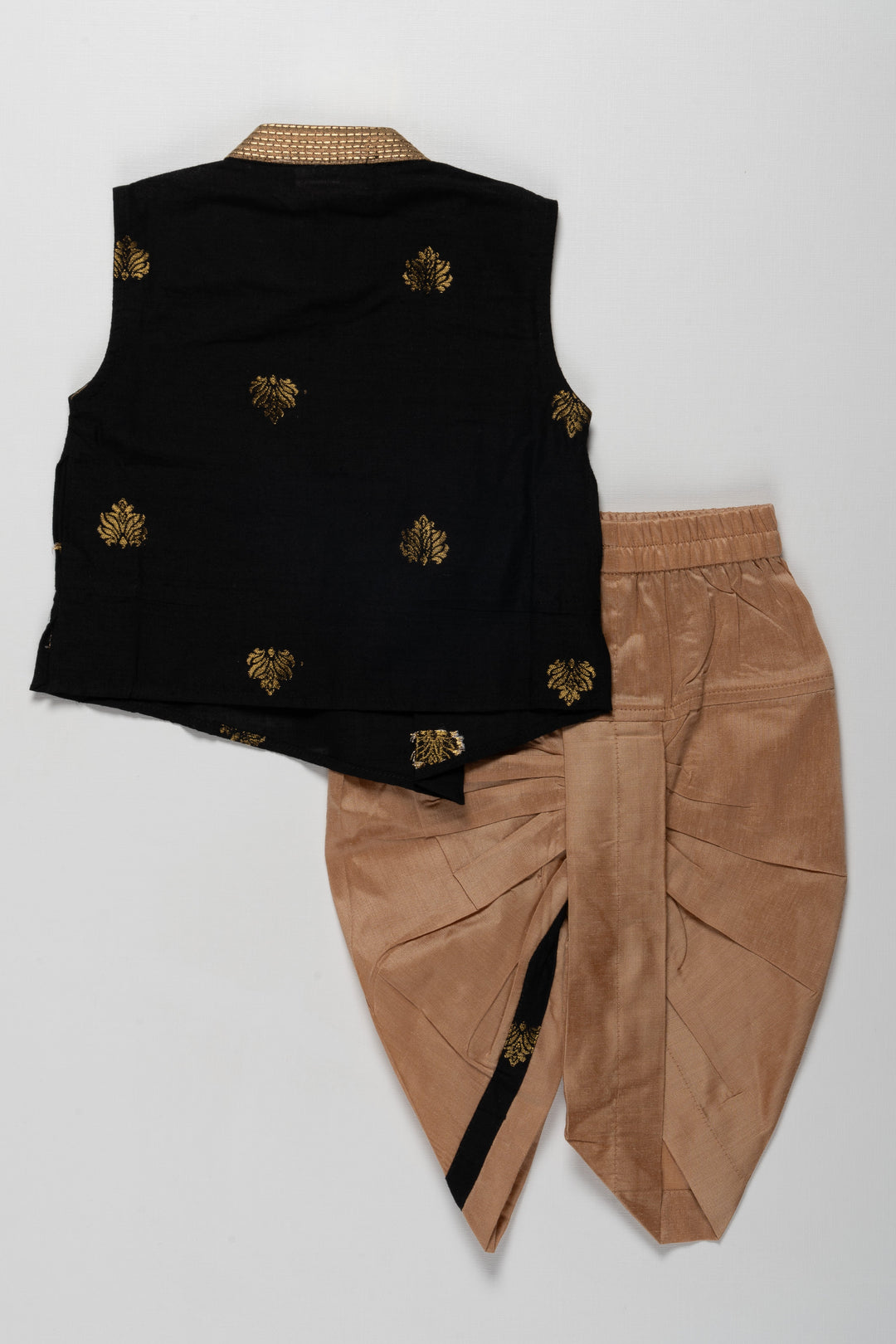 The Nesavu Boys Dothi Set Boys Dothi Set in Silk Blend with Black Sleeveless Kurta and Gold Embroidery Accents for Traditional Charm Nesavu Boys Silk Blend Dothi Set Black Sleeveless Kurta Gold Embroidery Traditional Look | The Nesavu