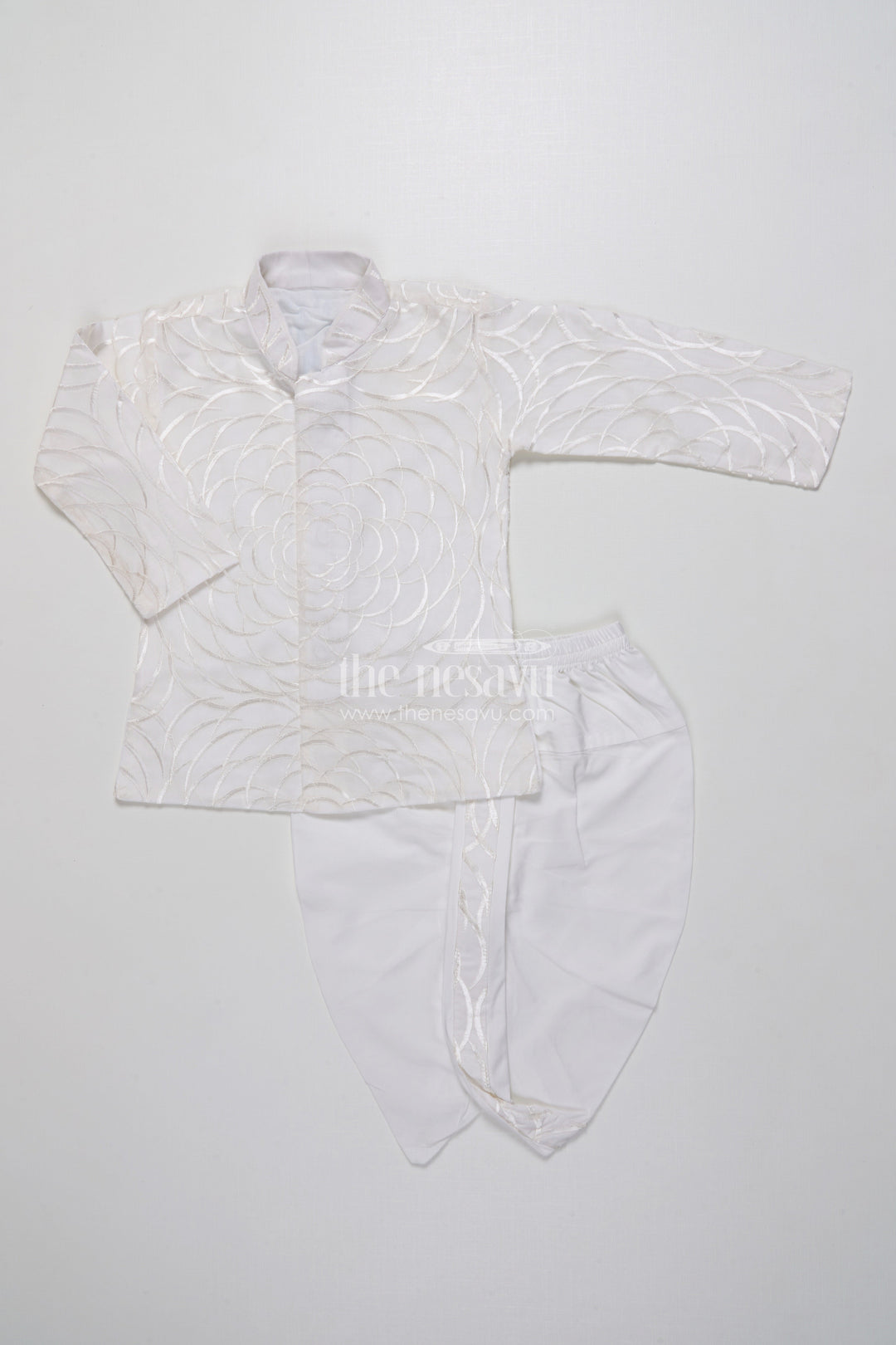 The Nesavu Boys Dothi Set Boys Dothi Set with Mirror and Sequence Embroidery Ethnic Festive Wear Nesavu 16 (1Y) / White BES766B-16 Nesavu Boys Dothi Set Mirror Sequence Embroidery Festive Outfit