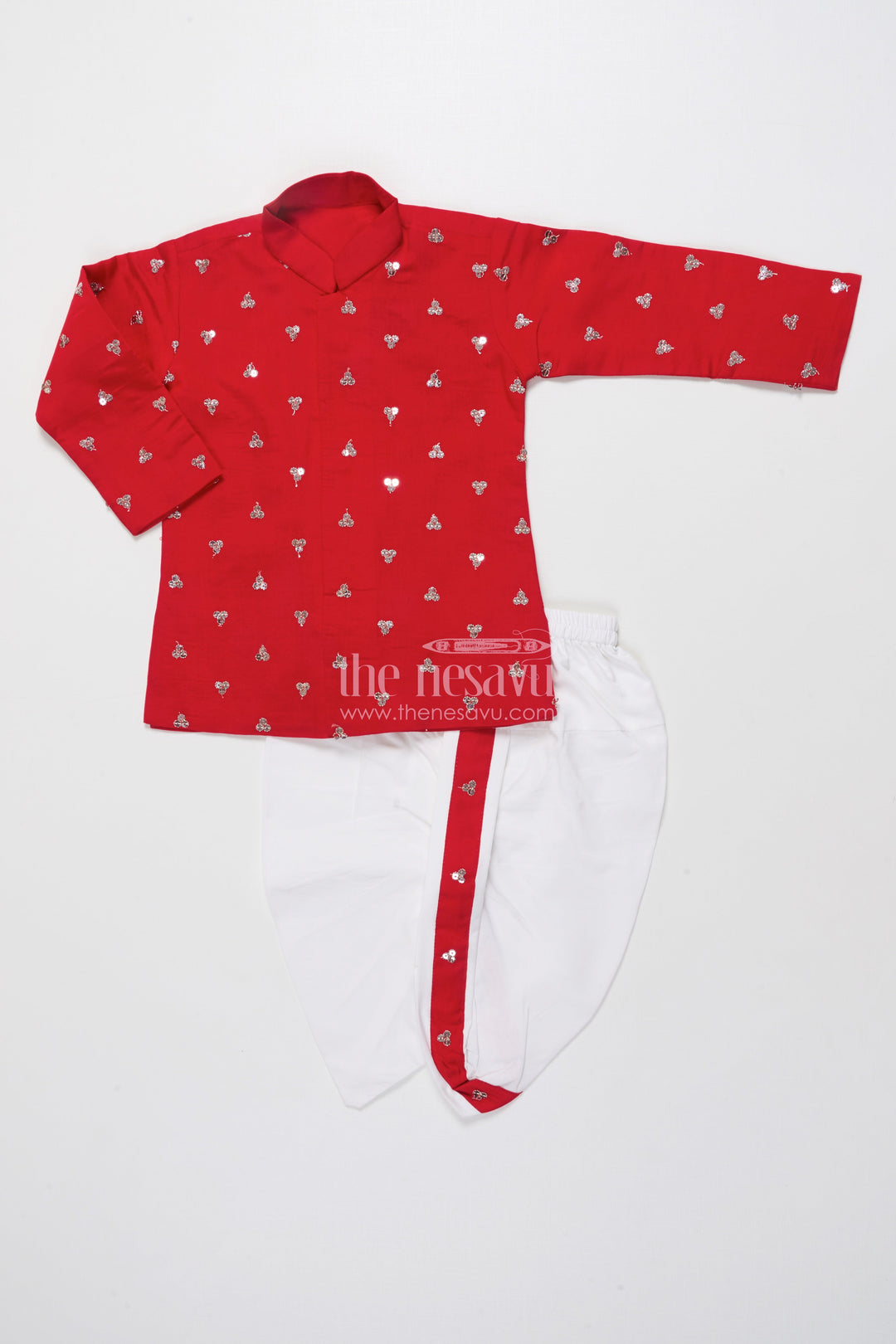 The Nesavu Boys Dothi Set Boys Dothi Set with Sequence Embroidery Traditional Festival Wear Nesavu 16 (1Y) / Red BES779A-16 Nesavu Boys Kurta Dothi Set Sequence Embroidery Ethnic Wear