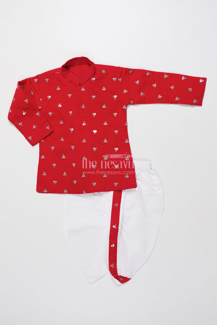 The Nesavu Boys Dothi Set Boys Dothi Set with Sequence Embroidery Traditional Festival Wear Nesavu Nesavu Boys Kurta Dothi Set Sequence Embroidery Ethnic Wear