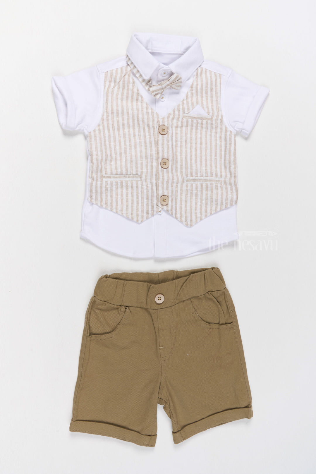 The Nesavu Baby Casual Sets Boys Dress Shirt and Shorts Set with Striped Waistcoat and Bow Tie Nesavu Boys Dress Shirt Shorts Set Waistcoat Bow Tie Stylish Festive Occasions | The Nesavu