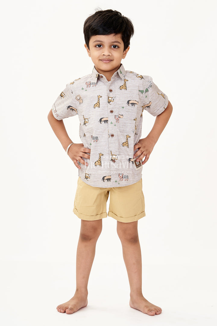 The Nesavu Boys Casual Set Boys Dresses for Casual Wear with Animal Print Shirt White Graphic Tee and Mustard Shorts Nesavu 20 (3Y) / Gray BCS219B-20 Boys Animal Print Dresses Casual Wear Graphic Tee Mustard Cotton Shorts | The Nesavu