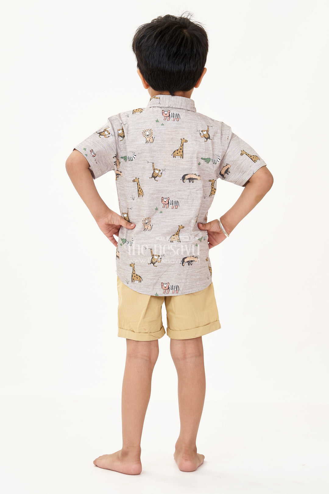The Nesavu Boys Casual Set Boys Dresses for Casual Wear with Animal Print Shirt White Graphic Tee and Mustard Shorts Nesavu Boys Animal Print Dresses Casual Wear Graphic Tee Mustard Cotton Shorts | The Nesavu