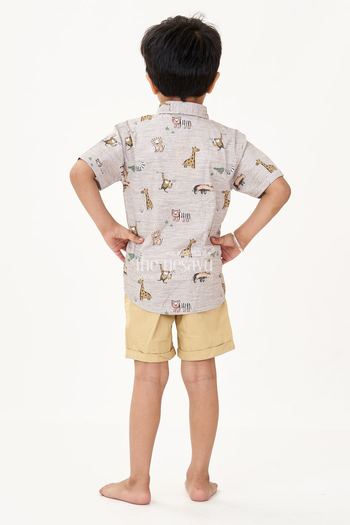 The Nesavu Boys Casual Set Boys Dresses for Casual Wear with Animal Print Shirt White Graphic Tee and Mustard Shorts Nesavu Boys Animal Print Dresses Casual Wear Graphic Tee Mustard Cotton Shorts | The Nesavu
