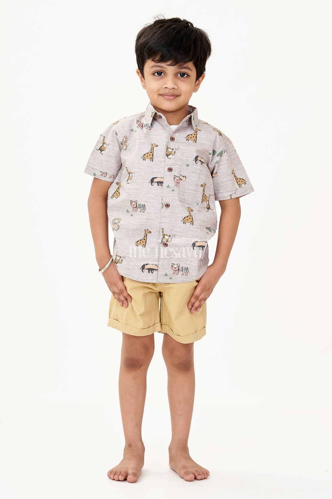 The Nesavu Boys Casual Set Boys Dresses for Casual Wear with Animal Print Shirt White Graphic Tee and Mustard Shorts Nesavu Boys Animal Print Dresses Casual Wear Graphic Tee Mustard Cotton Shorts | The Nesavu
