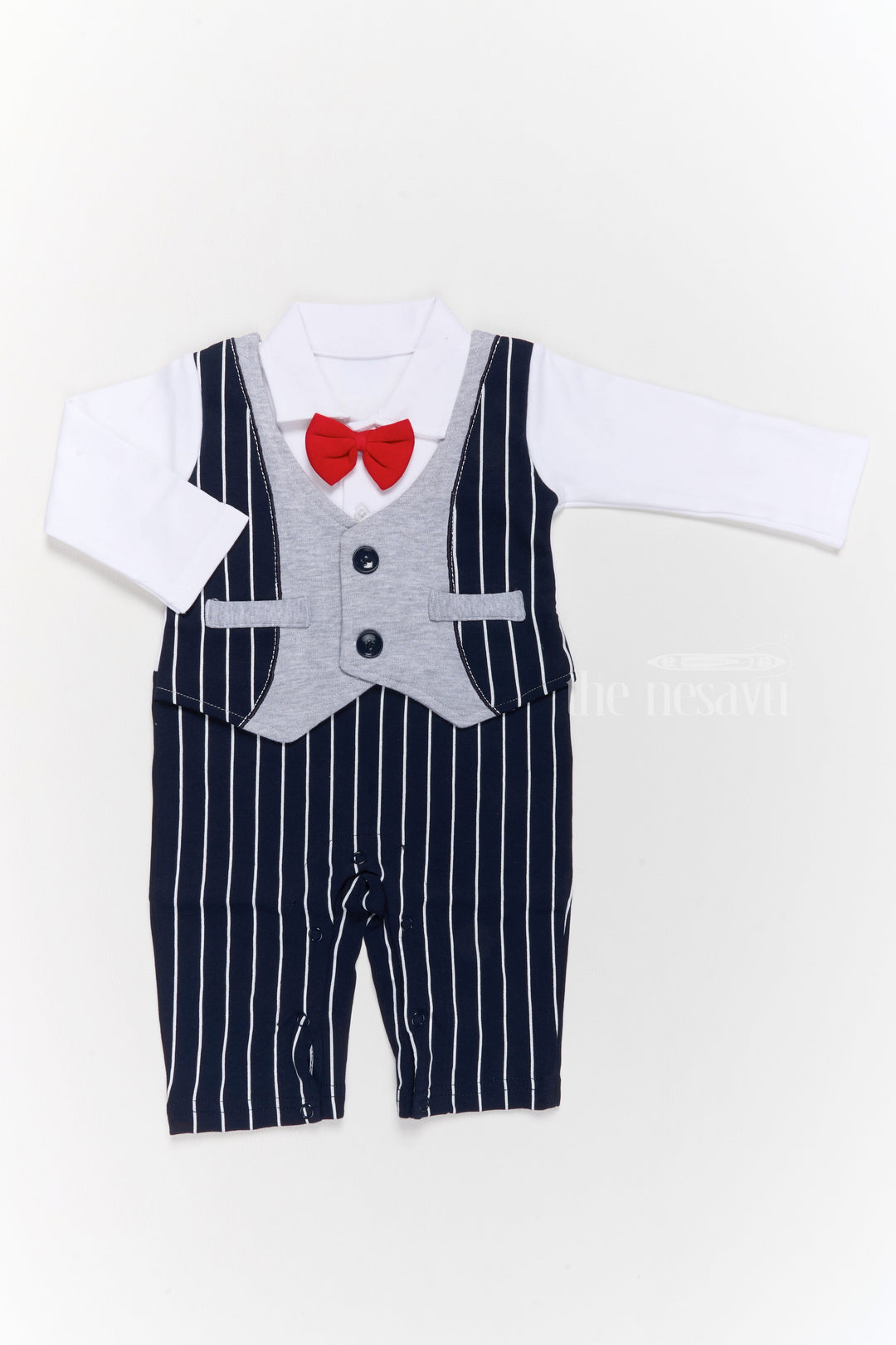 The Nesavu Boys Casual Set Boys Dungaree Styling Set with White Shirt and Black Striped Overalls for Trendy Wear Nesavu 12 (3M) / Multicolor BCS204B-12 Boys Dungaree Styling Set White Cotton Shirt Black Striped Overalls Red Bow Tie | The Nesavu