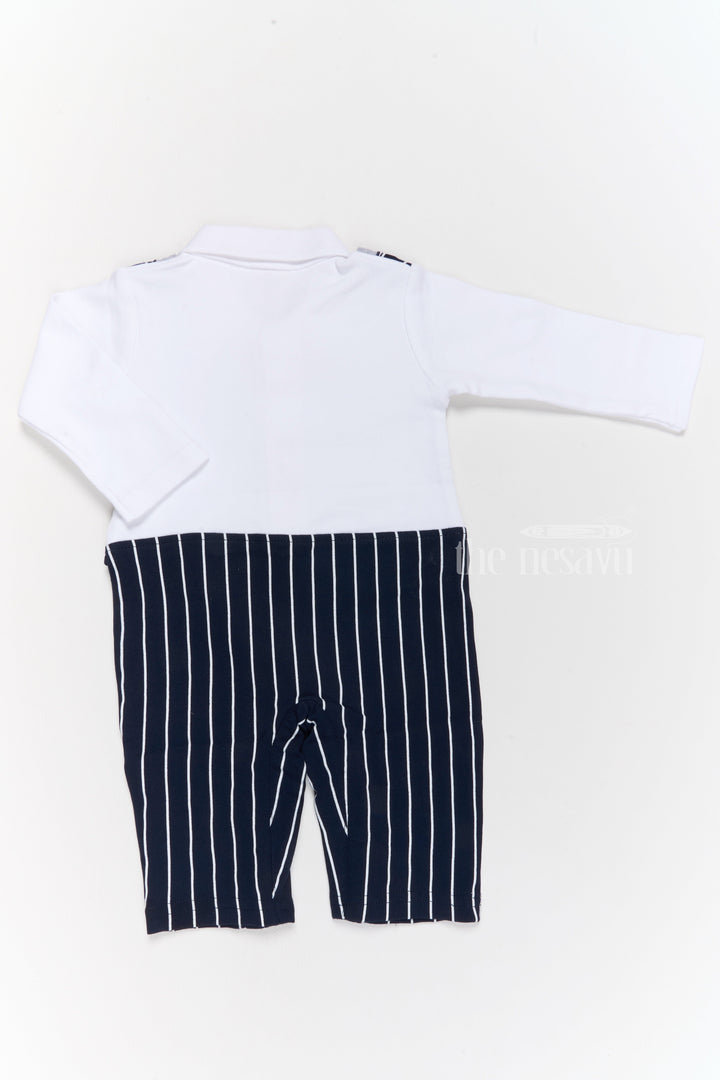 The Nesavu Boys Casual Set Boys Dungaree Styling Set with White Shirt and Black Striped Overalls for Trendy Wear Nesavu Boys Dungaree Styling Set White Cotton Shirt Black Striped Overalls Red Bow Tie | The Nesavu