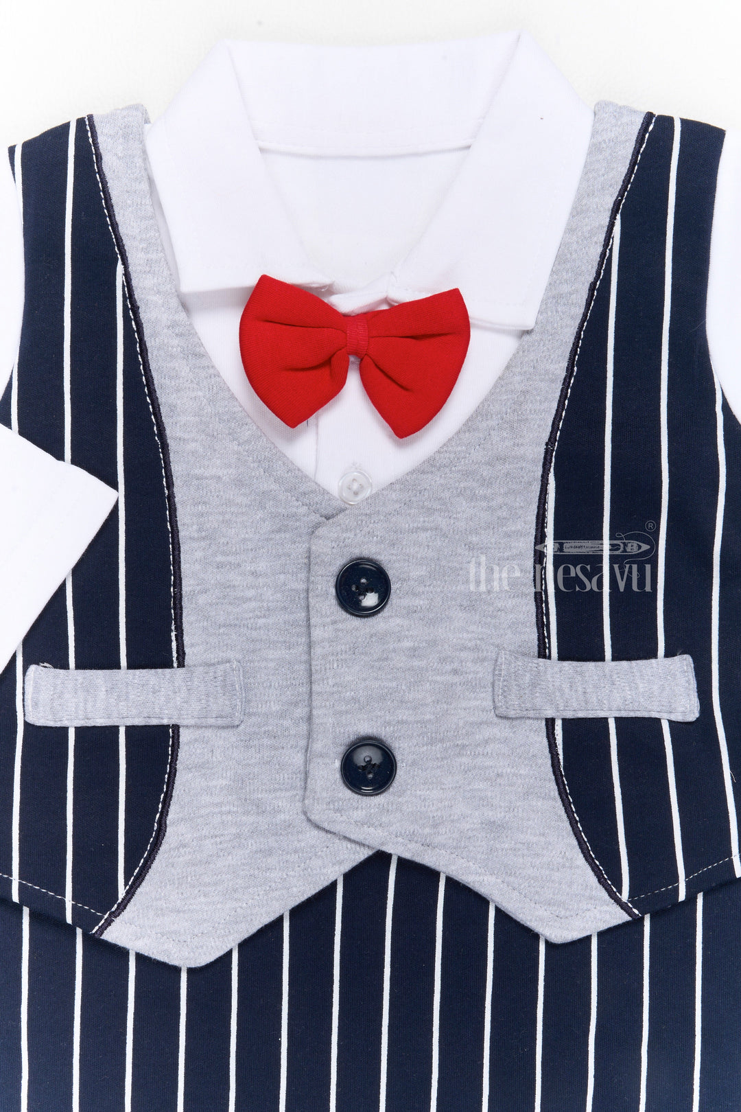 The Nesavu Boys Casual Set Boys Dungaree Styling Set with White Shirt and Black Striped Overalls for Trendy Wear Nesavu Boys Dungaree Styling Set White Cotton Shirt Black Striped Overalls Red Bow Tie | The Nesavu