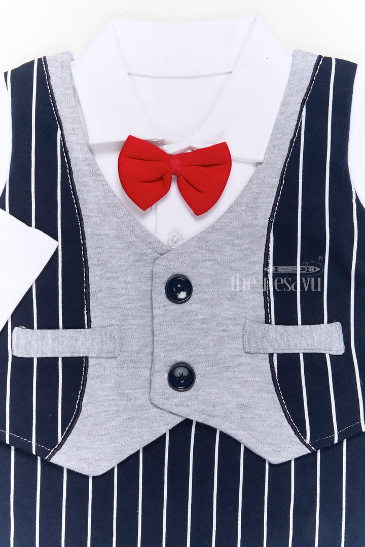 The Nesavu Boys Casual Set Boys Dungaree Styling Set with White Shirt and Black Striped Overalls for Trendy Wear Nesavu Boys Dungaree Styling Set White Cotton Shirt Black Striped Overalls Red Bow Tie | The Nesavu