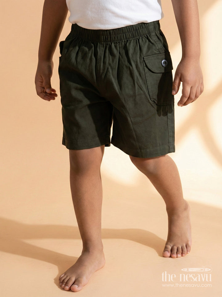 The Nesavu Boys Shorts Boys Easy-wear Cotton Shorts with Elastic Waist and Pocket Detailing Nesavu 16 (1Y) / Green / Cotton BWS072D-16 Nesavu boys cotton shorts with elastic waistband and flap pocket detail – great for everyday adventures