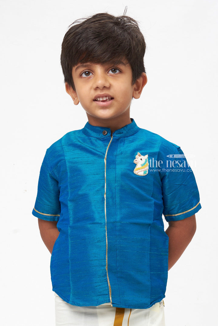 The Nesavu Boys Silk Shirt Boys Elegant Blue Silk Shirt with Authentic Horse Patch Design - Traditional Event Attire Nesavu Kids Traditional Blue Silk Wear | Boys Festival-Ready Silk Shirt | Authentic Horse Patch Design | The Nesavu