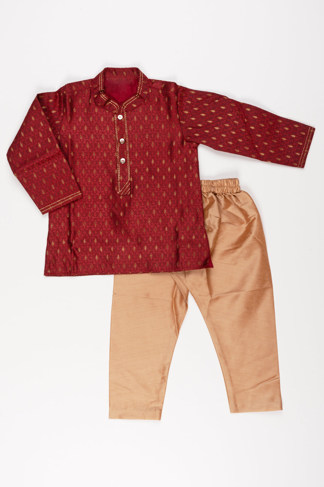 Boys Elegant Butta Printed Maroon Kurta with Beige Pant Set