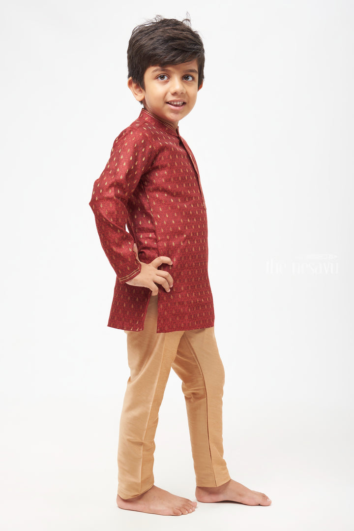 Boys Elegant Butta Printed Maroon Kurta with Beige Pant Set