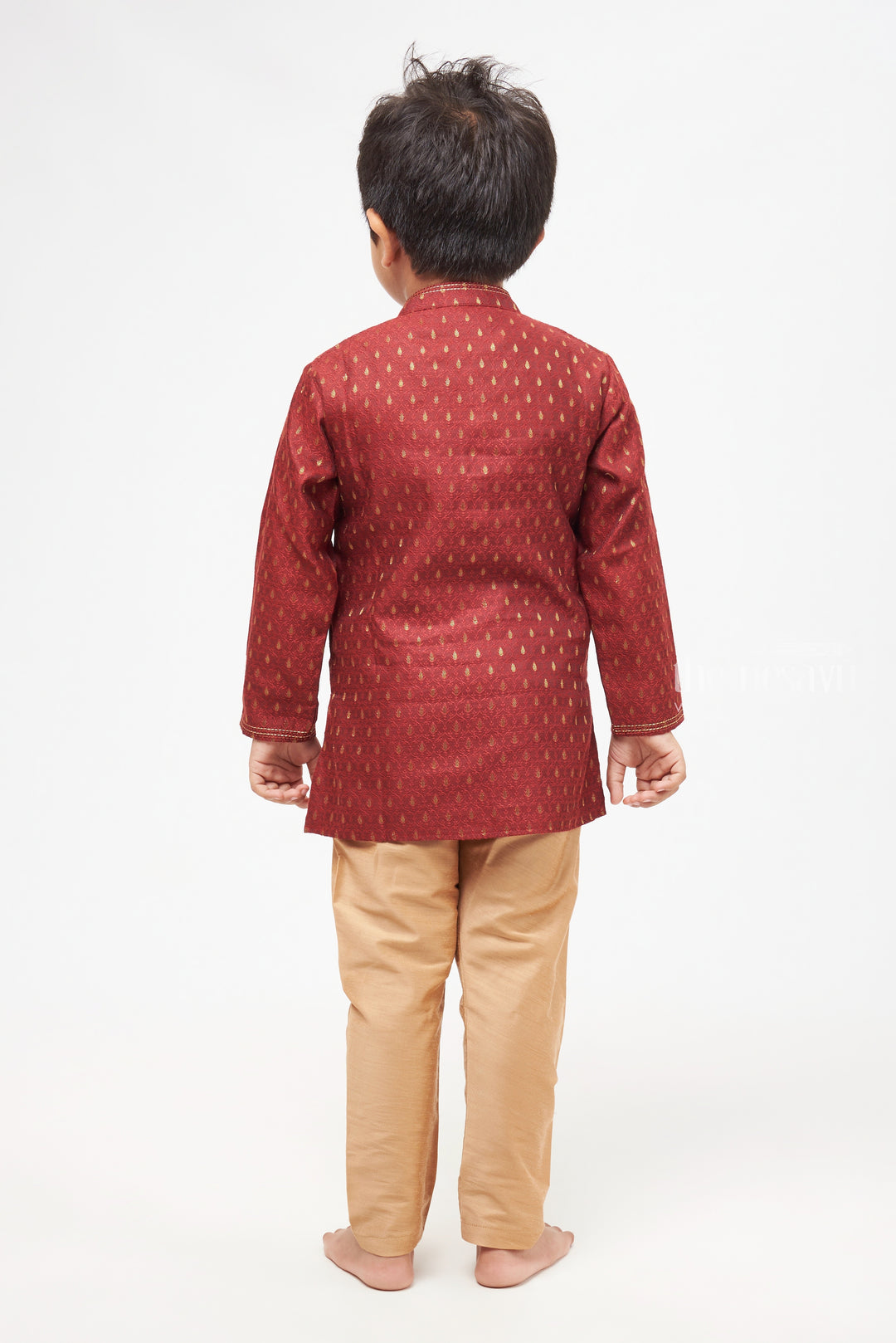 Boys Elegant Butta Printed Maroon Kurta with Beige Pant Set