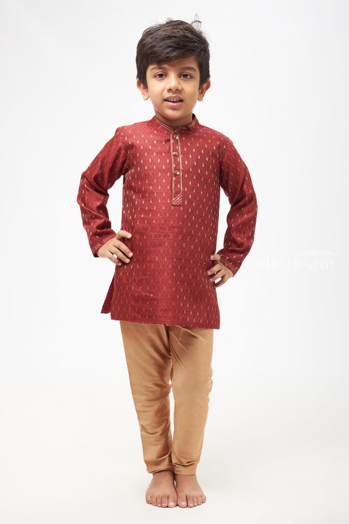 Boys Elegant Butta Printed Maroon Kurta with Beige Pant Set