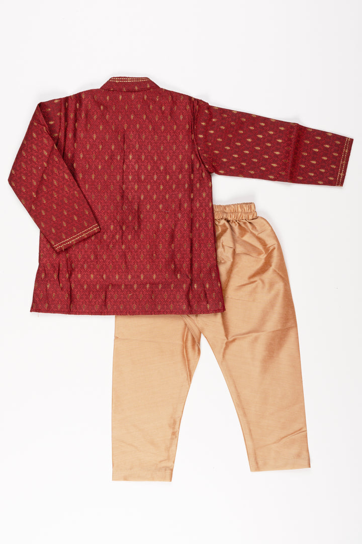 Boys Elegant Butta Printed Maroon Kurta with Beige Pant Set