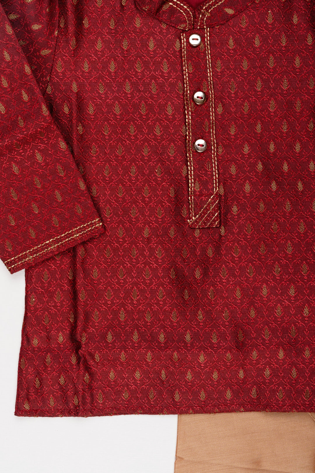 Boys Elegant Butta Printed Maroon Kurta with Beige Pant Set