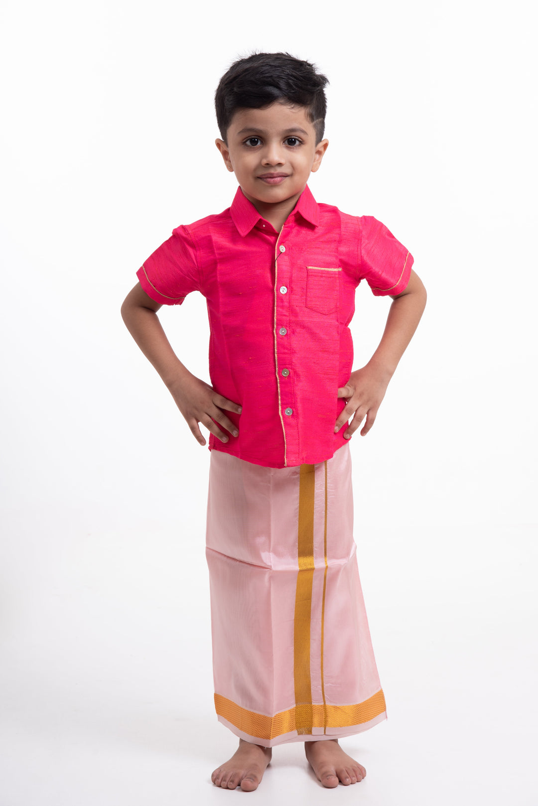 The Nesavu Boys Vesti Boys Elegant Silk Dhoti in Soft Pink with Golden Detailing Nesavu Shop Boys Pink Silk Dhoti with Golden Stripes | The Nesavu
