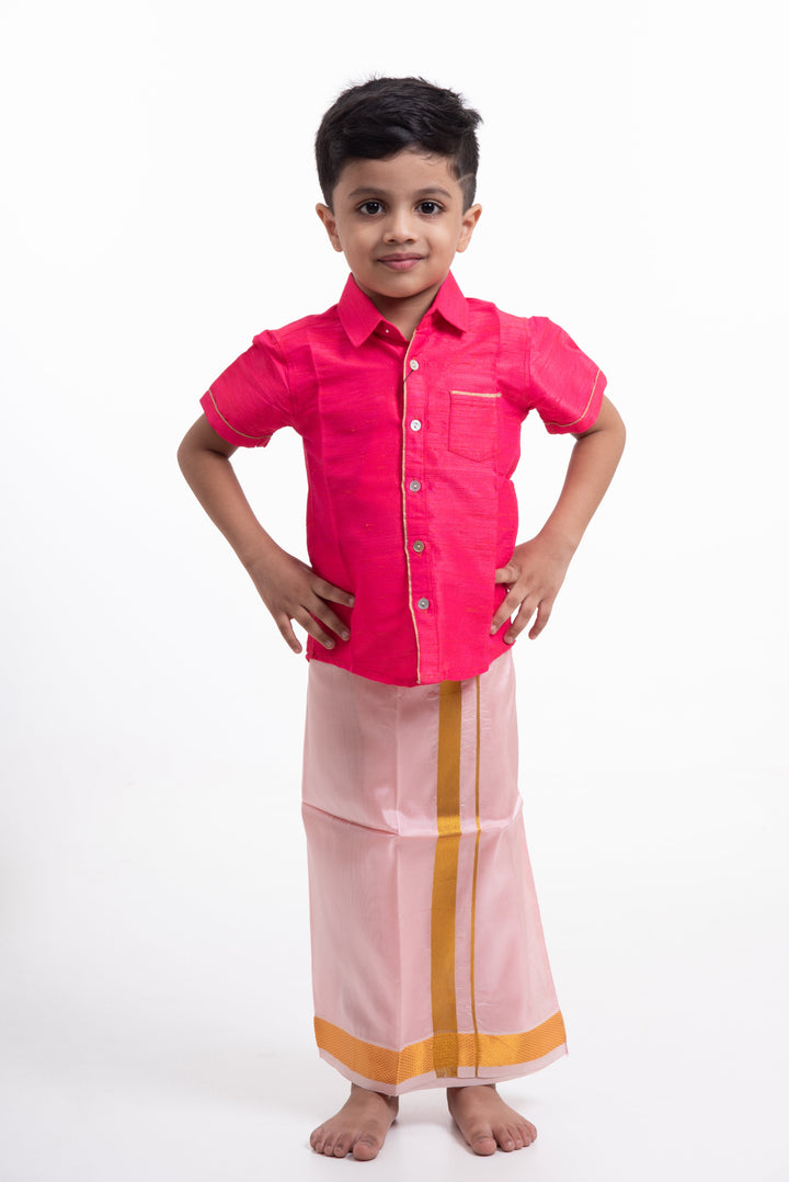 The Nesavu Boys Vesti Boys Elegant Silk Dhoti in Soft Pink with Golden Detailing Nesavu Shop Boys Pink Silk Dhoti with Golden Stripes | The Nesavu