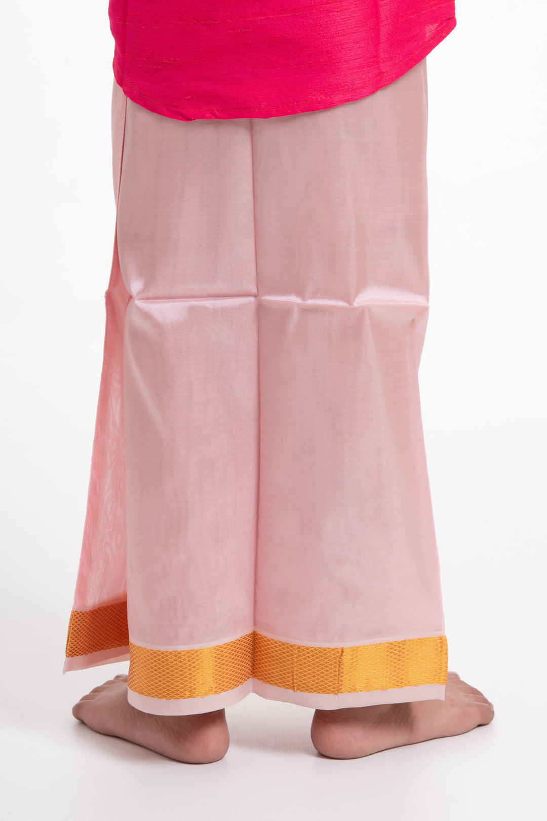 The Nesavu Boys Vesti Boys Elegant Silk Dhoti in Soft Pink with Golden Detailing Nesavu Shop Boys Pink Silk Dhoti with Golden Stripes | The Nesavu