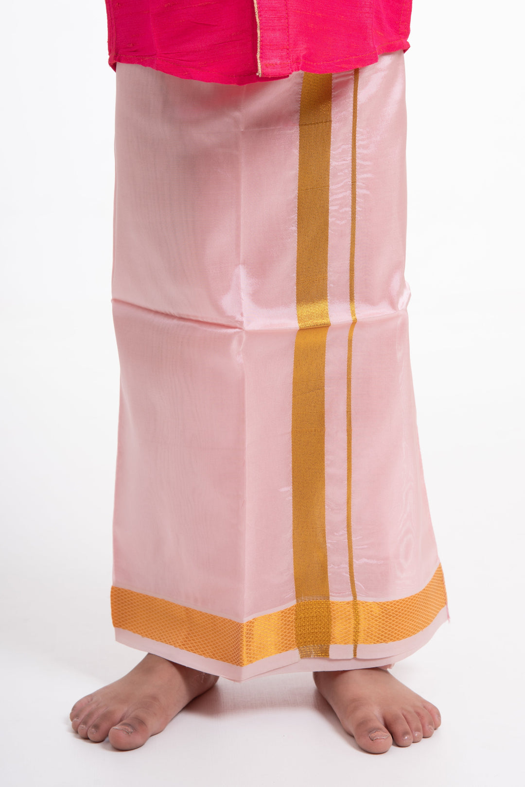 The Nesavu Boys Vesti Boys Elegant Silk Dhoti in Soft Pink with Golden Detailing Nesavu Shop Boys Pink Silk Dhoti with Golden Stripes | The Nesavu
