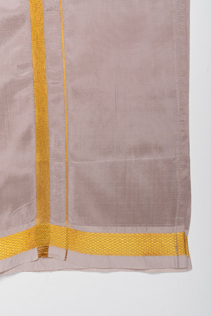 The Nesavu Boys Vesti Boys Elegant Silk Dhoti with Golden Accents Nesavu Shop Boys Grey Silk Dhoti with Golden Stripes | Elegant Traditional Wear | The Nesavu