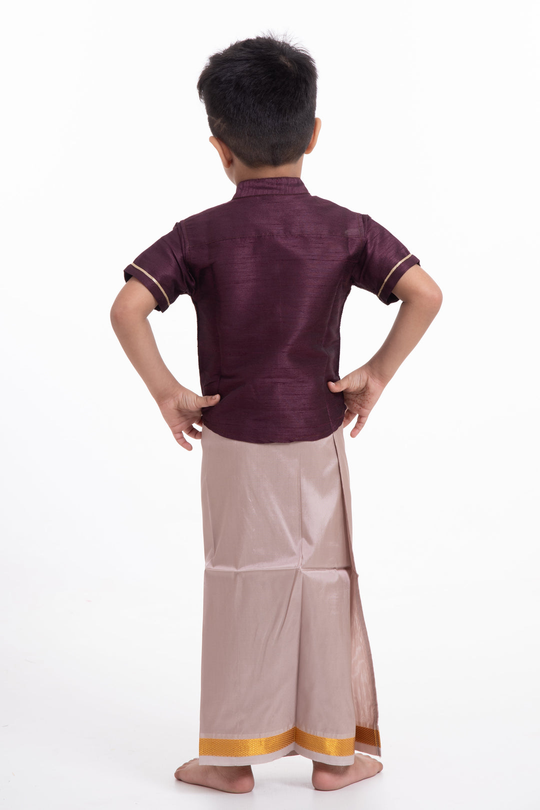 The Nesavu Boys Vesti Boys Elegant Silk Dhoti with Golden Accents Nesavu Shop Boys Grey Silk Dhoti with Golden Stripes | The Nesavu